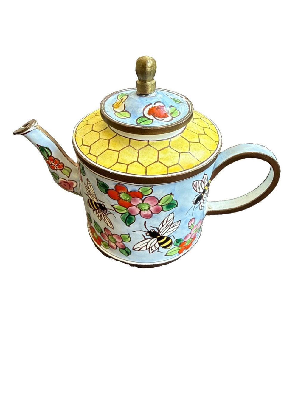 Vtg Kelvin Chen Mini Enamel Copper Teapot Hinged Lid & Bees Signed No 20 1999